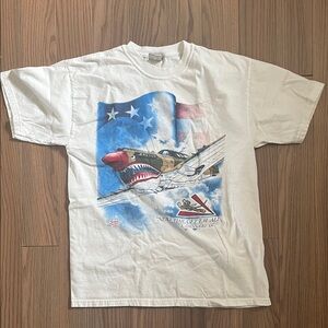 White Graphic Short Sleeve Tee with Fighter Plane Print